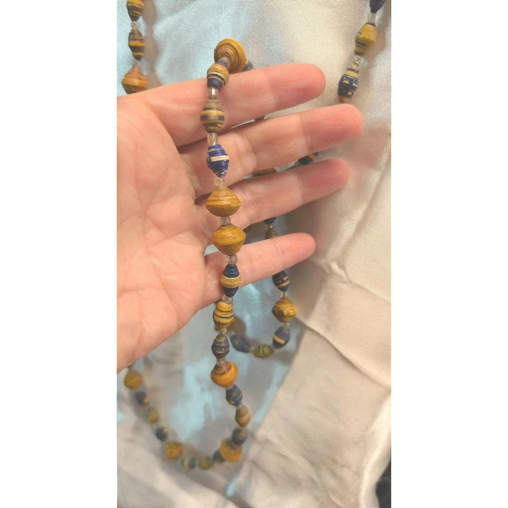45"‎ Long Vintage Paper Bead Beaded Necklace 45" Beige Blue Boho Green Red Brown